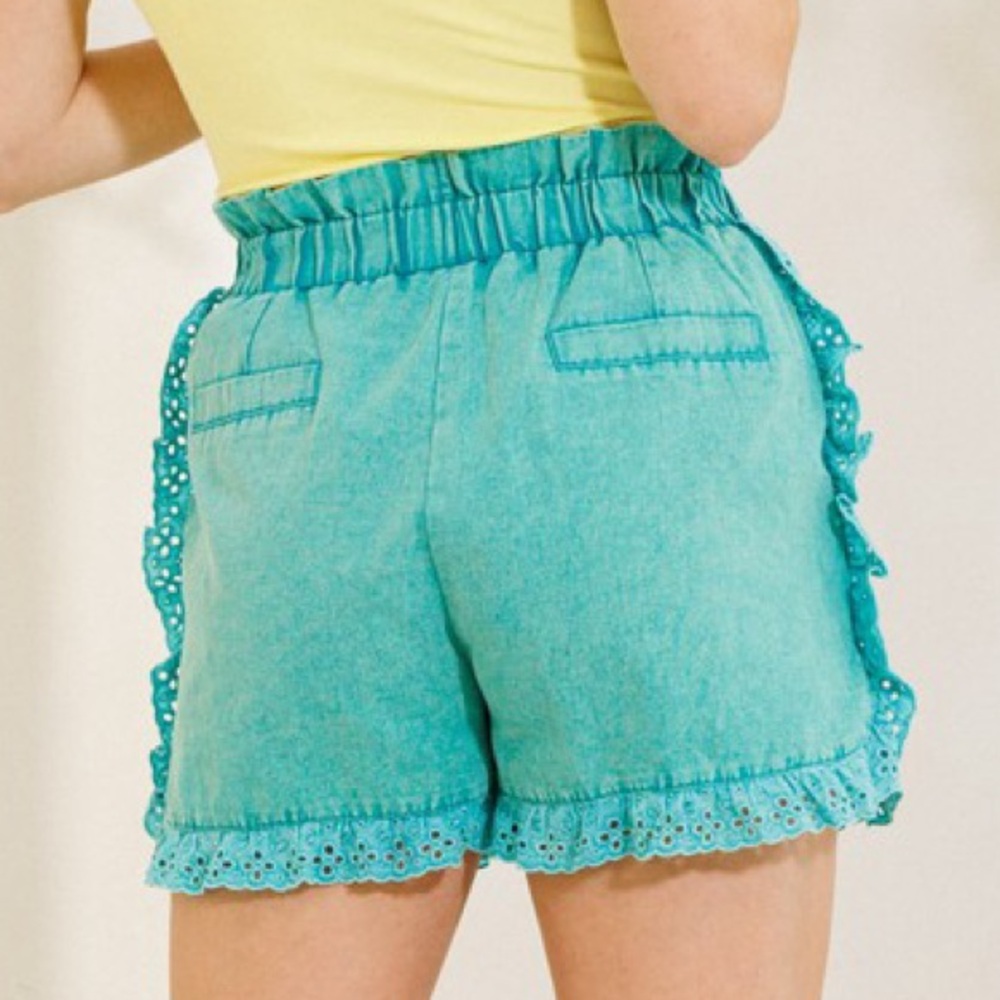 Oddi Turquoise Eyelet Trim Elastic-Waist Women’s Shorts - Picture 2 of 6